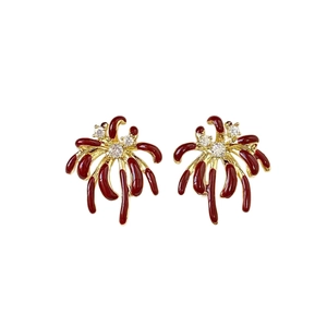 18k gold plated firework stud earrings with red enamel and sparkling zircon accents