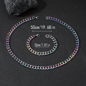 Detail of colorful rainbow Cuban link chain set with 50cm necklace and 20cm bracelet