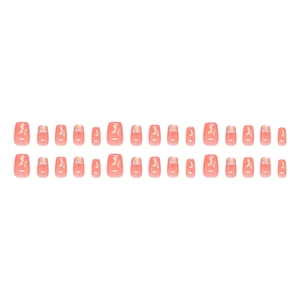 French press-on nails with purple floral patterns and butterflies on coral pink base