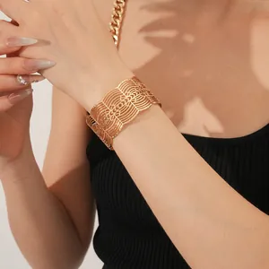 Lace hollow-out gold-plated wide cuff bangle with bohemian mesh texture for women