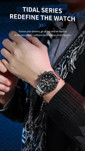 Close-up of men's silver chronograph watch with tachymeter and black dial on wrist