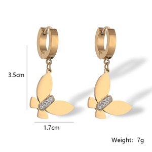 Detailed size view of gold-plated butterfly earrings with sparkling crystals and dimensions
