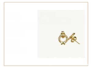Close-up of 18k gold plated bow hoop earrings with white micro-inlaid rhinestones