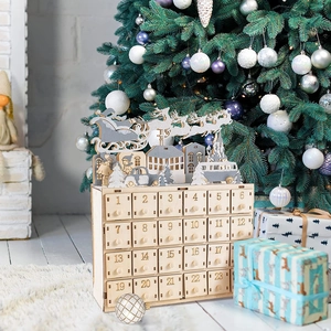 Wooden Christmas Advent Calendar Multiple Drawers Countdown Ornament Santa Claus Sleigh Reindeer LED Light Up Home Decor