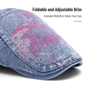 Berretto da donna in denim lavato con tesa larga pieghevole in azzurro e viola