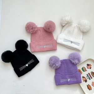 Winter knit cat-ear beanie with dual faux-fur pom-poms for girls in four colors