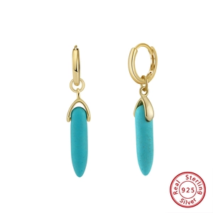 S925 Sterling Silver Turquoise Dangle Earrings Vintage Bullet Conical Stone Drop Earrings Gold Silver Plated Jewelry