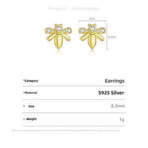 Detail of S925 sterling silver honey bee stud earrings with sparkling pavé wings