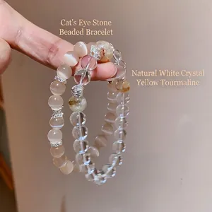 Bracelet Perles Cristal De Roche Naturel Pierre De Tour Jaune Oeil De Chat Bijoux Vintage Élégants Pour Femmes Avec Entretoises