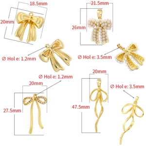 Golden bow pendant collection with pearls and crystals in various sizes for jewelry making