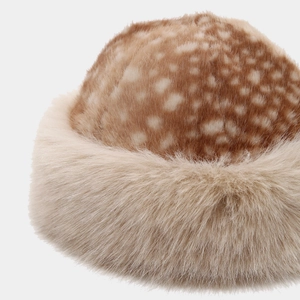 Winter faux fur deer print bucket hat with plush trim and soft velvet texture
