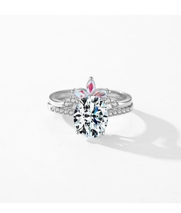 Macro detail of S925 sterling silver ring set with oval and marquise cubic zirconia