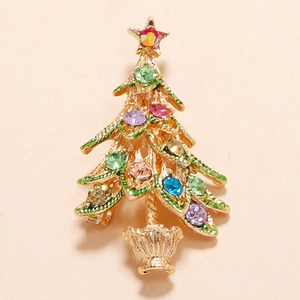Golden Christmas tree brooch with colorful rhinestones and a sparkling star topper