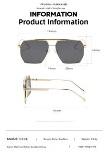Detailed size specifications for pilot-style double-bridge metal polarized sunglasses