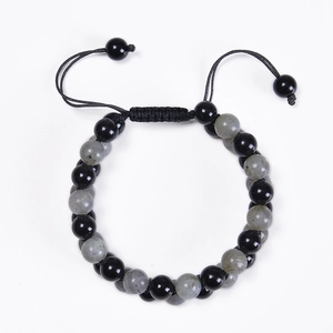 Detailed view of the double-layer woven natural stone bead bracelet with adjustable cord