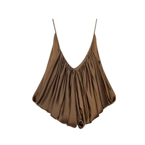 Elegant dark brown silk satin camisole top with stylish draped pleated texture