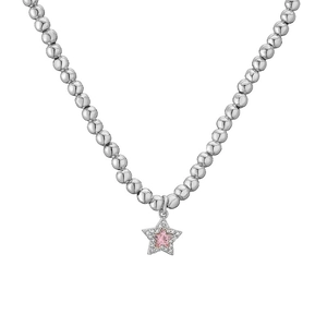 Close-up of silver beaded chain necklace featuring a sparkling pink star pendant