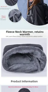 Detail of gray winter knitted hat with thick fleece lining and neck warmer set