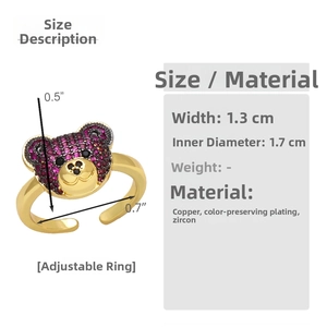 Detail showing gold teddy bear ring dimensions with purple and black zircon inlay