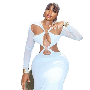 Light blue mesh bodycon dress with long sleeves and stylish hollow out metal ring design