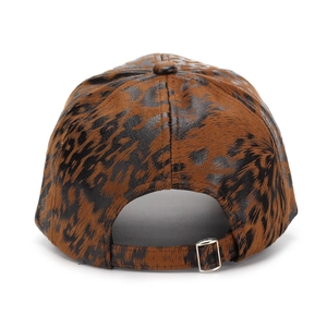 Rear view of leopard print baseball cap featuring an adjustable silver metal buckle