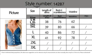 Detailed size chart for the women's elastic denim vest with measurements in cm