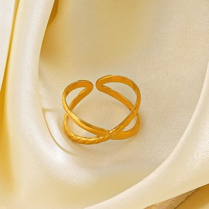 Minimalist 18K gold plated stainless steel X-shaped crossover adjustable open ring