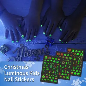 Christmas Kids Nail Stickers Luminous Glow In The Dark Waterproof Self Adhesive Cartoon Santa Reindeer Snowflake Decals