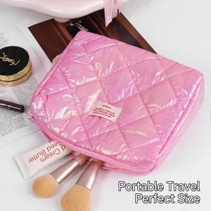 Quilted glossy pink makeup bag with large capacity for stylish toiletry storage