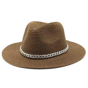 Brown straw fedora sun hat with a silver chain band for stylish outdoor protection