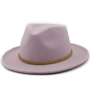 Detail of lavender wool fedora hat featuring a brown herringbone woven decorative band