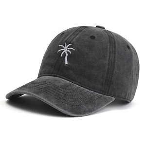 Washed dark grey baseball cap with white palm tree embroidery for outdoor sun protection