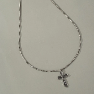 Vintage silver cross necklace with box chain for men, textured hip hop jewelry on gray back