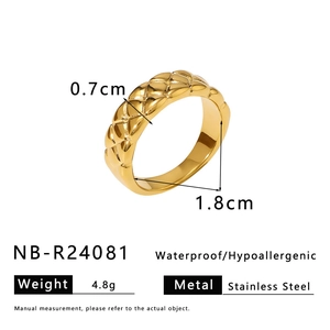 Detail view of 0.7cm wide gold stainless steel ring featuring textured rhombus pattern