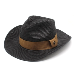 Cappello di paglia nero da uomo a tesa larga con fascia decorativa in tessuto marrone