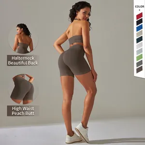Completo Yoga da Donna a Costine Senza Cuciture Reggiseno Sportivo Halter e Pantaloncini a Vita Alta Sopra e Sotto Fitness