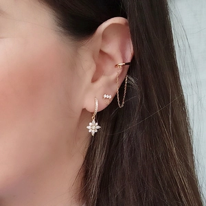 Minimalist gold s925 silver needle drop earrings with three-zircon flower for women