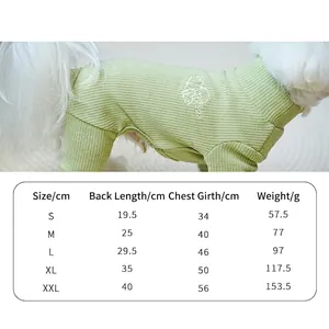 Solid color pet four-legged thermal bodysuit with size chart for small dogs like Pomeranians