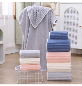 Close-up of coral fleece bath towel set with vertical stripes in neutral pastel colors