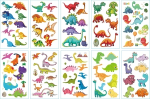 Set of 10 sheets of cute cartoon dinosaur temporary tattoos for kids with colorful designs