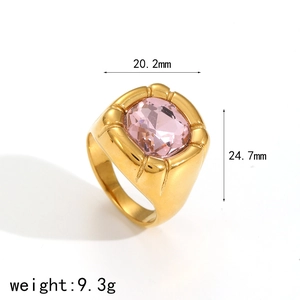 Detail view of gold stainless steel ring with pink cushion cut stone and size dimensions