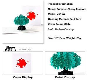 Detail showing 3D hollow carved summer cherry blossom card with size 15x15cm and 26g weight
