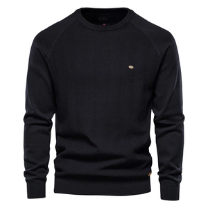 Men's black crewneck knit sweater with herringbone texture and ribbed cuffs for autumn wear