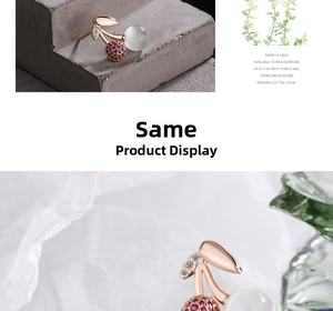 Macro view of cherry stud earrings in rose gold with opal stones and purple crystals