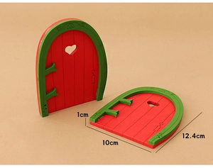 Detailed view of red wooden dollhouse door set with measurements 10x12.4cm for Christmas decor