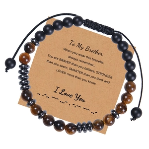 Detail of tiger eye stone beads and Morse code card for To My Son bracelet gift