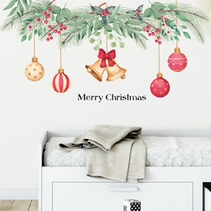 Merry Christmas wall decal with bells and red baubles on white bedroom wall decor