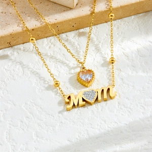 Double-layered gold stainless steel Mom necklace with heart zircon pendant on stone base