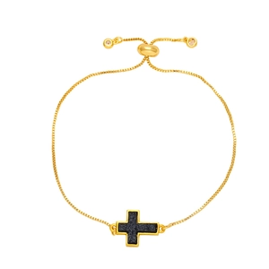 Adjustable gold box chain bracelet with a textured black cross pendant for women