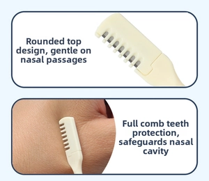 Detail view of double-headed nose hair trimmer with safety protective comb design